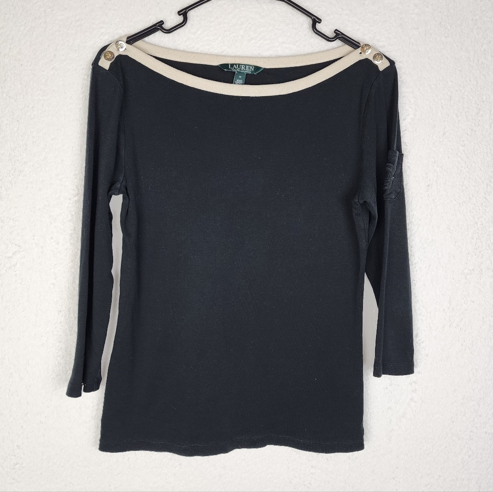 LAUREN RALPH LAUREN Boatneck Black Top w/ Cream Trim & Button Detail M